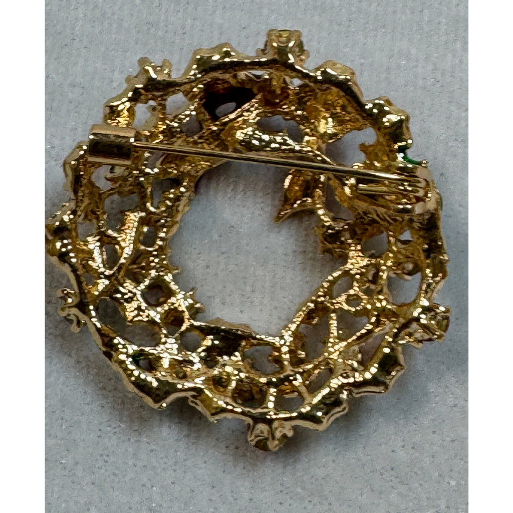 New Christmas Wreath Brooch Pin Rhinestone Red Green Gold 1.5" CP165