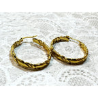 Gold Tone Stainless Steel Twisted Hoop Earrings 1.25" Textured Hoops E291