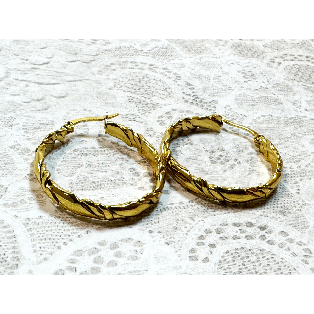 Gold Tone Stainless Steel Twisted Hoop Earrings 1.25" Textured Hoops E291