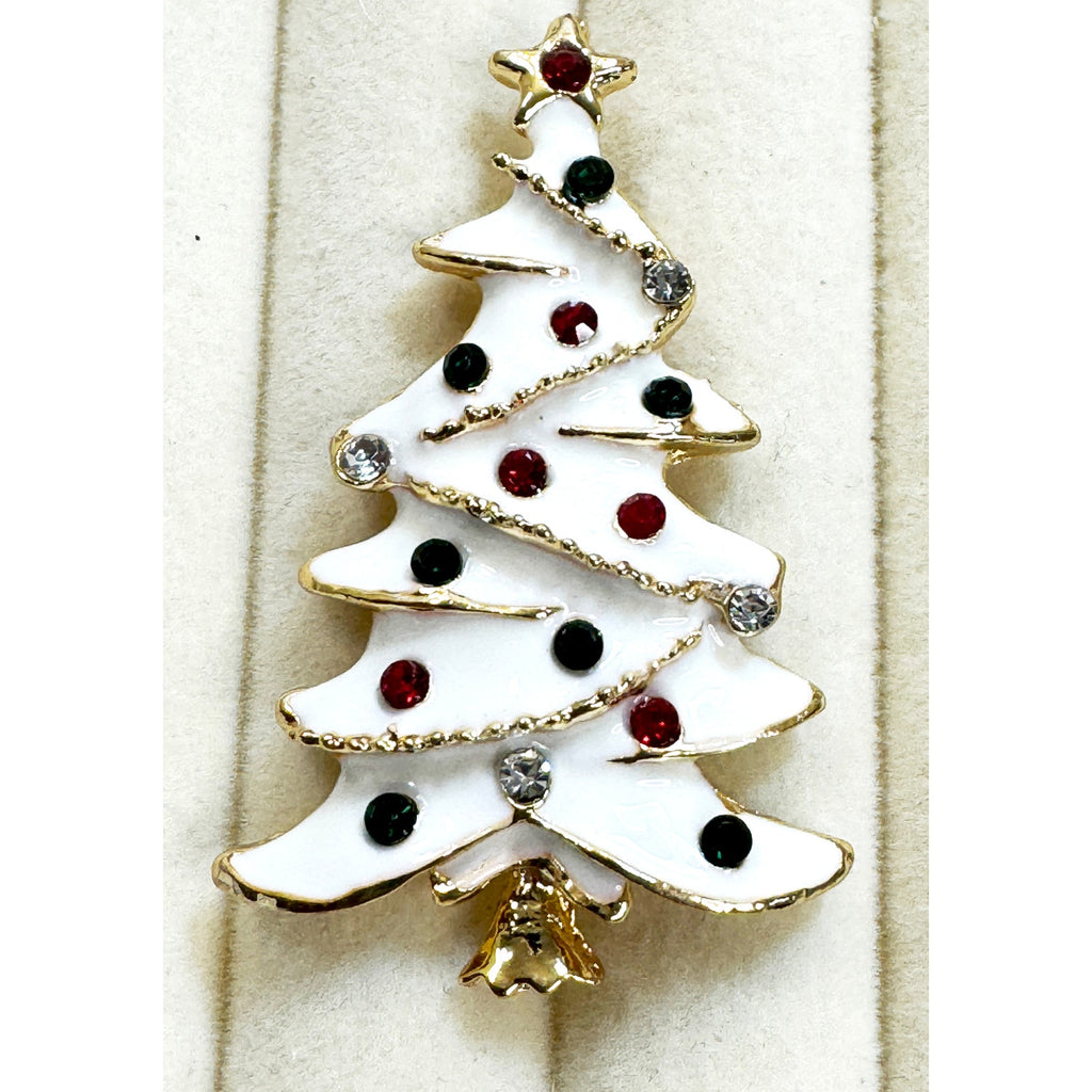 White Enamel Christmas Tree Brooch Pin Gold Rhinestone Holiday Brooch 2" CP254