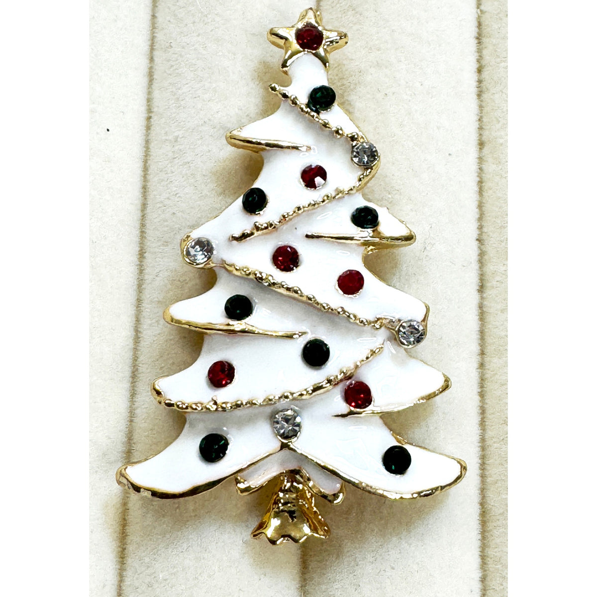 White Enamel Christmas Tree Brooch Pin Gold Rhinestone Holiday Brooch 2" CP254