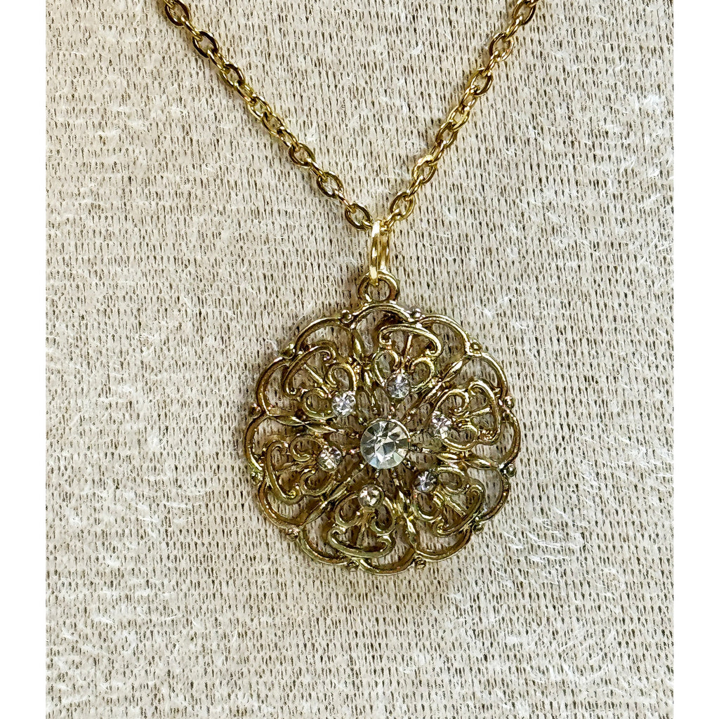 Vintage Gold Tone Rhinestone Filigree Pendant Necklace Floral 18" Chain N439