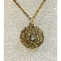 Vintage Gold Tone Rhinestone Filigree Pendant Necklace Floral 18" Chain N439