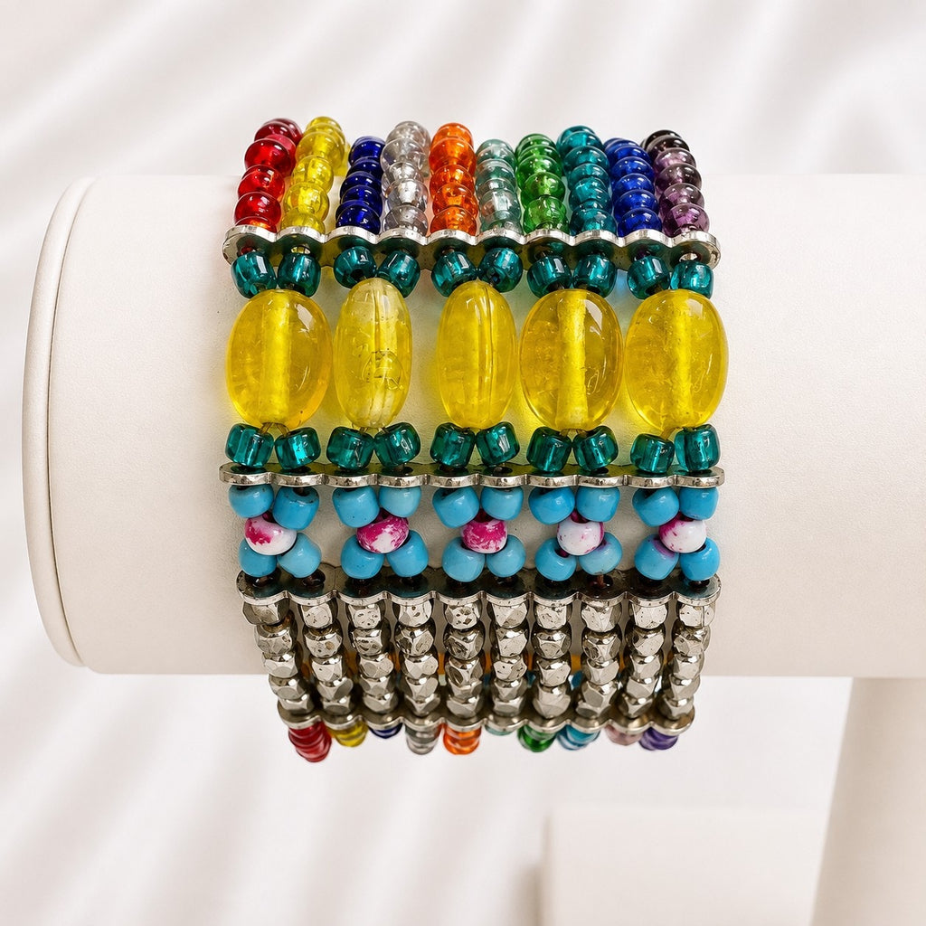 Wide Multicolor Beaded Stretch Cuff Bracelet Boho Statement B177