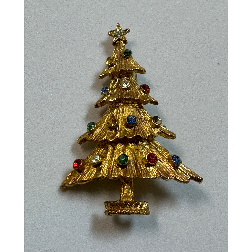 Vintage Gold Tone Rhinestone Christmas Tree Brooch Pin Holiday Jewelry 2" CP163