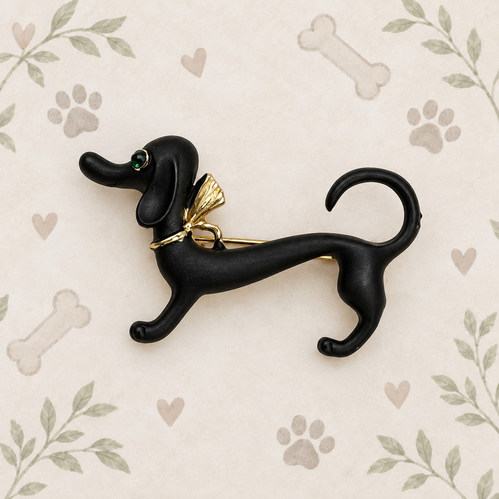 Black Dachshund Dog Brooch Pin Green Eyes Whimsical Puppy Jewelry CP169