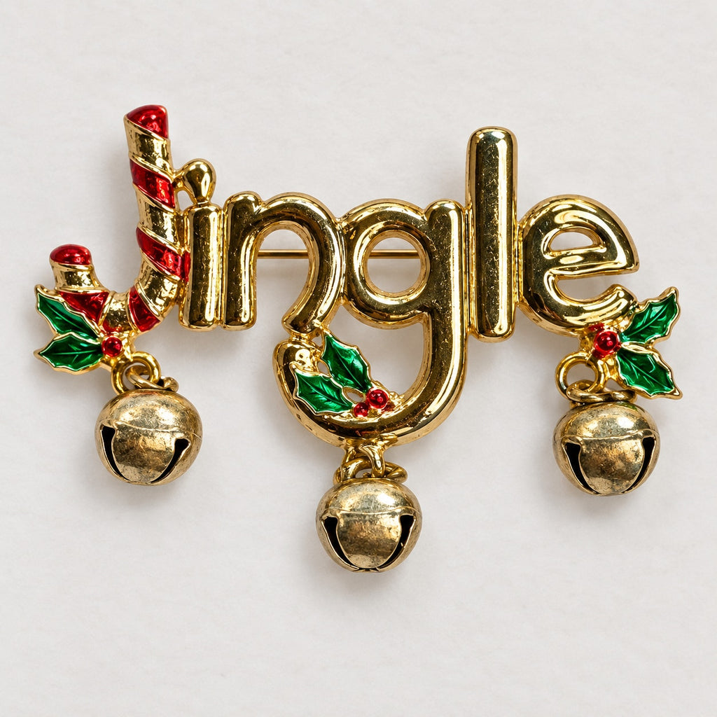 Jingle Christmas Brooch Gold Tone Bells Candy Cane Holly Enamel Holiday CP178
