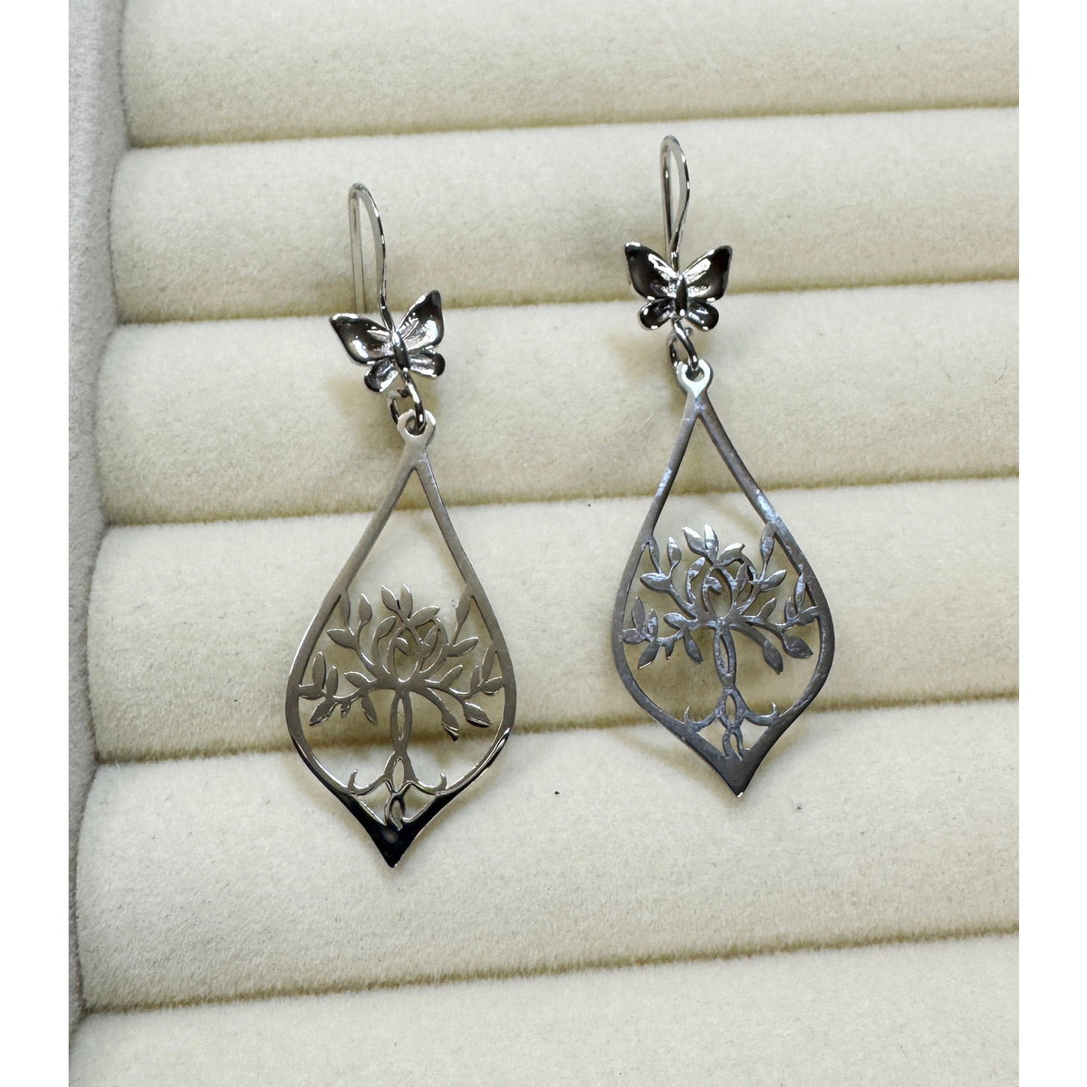 New Stainless Steel Tree of Life Dangle Earrings 1.75" Floral Cut Out E604