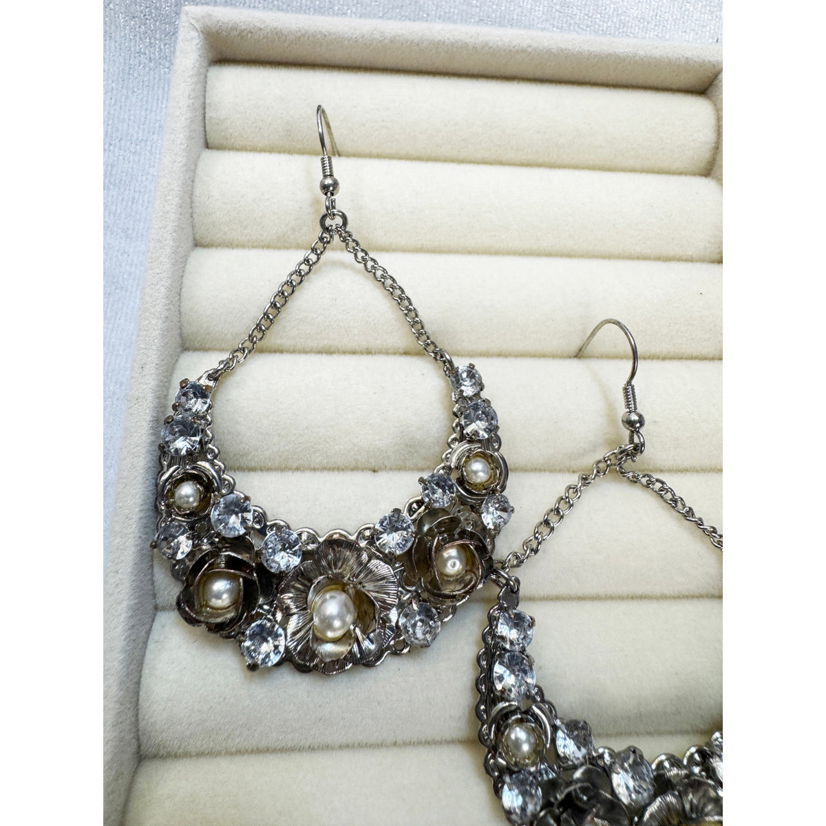 Vintage Rhinestone Faux Pearl Statement Earrings 3" Floral Dangle Silver  E614