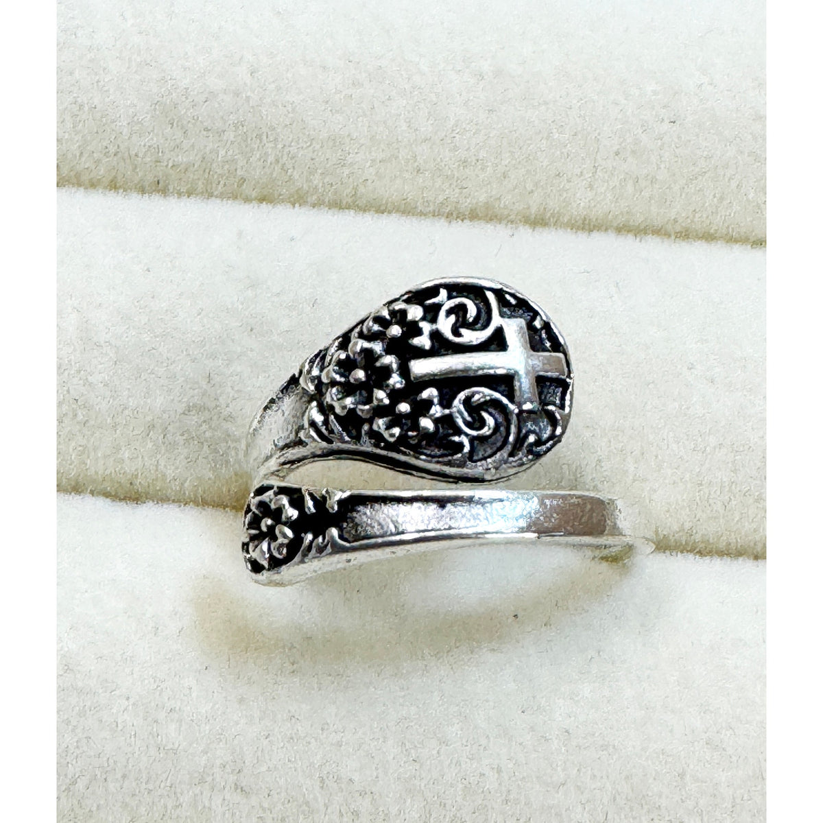 Silver Cross Adjustable Ring Christian Faith Filigree Wrap New  R010