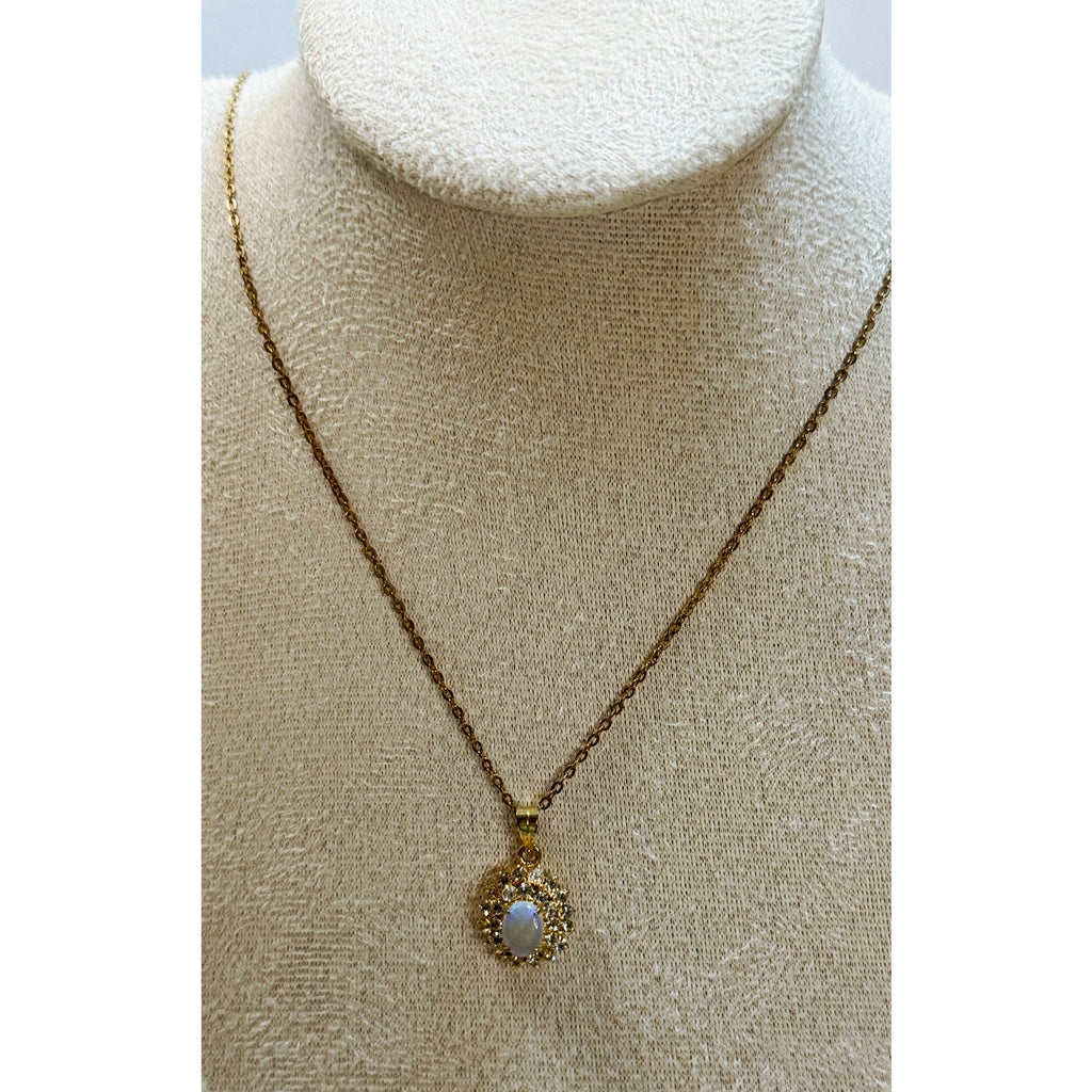 Vintage Style Opalite & Rhinestone Pendant Necklace Gold Tone 20" Chain