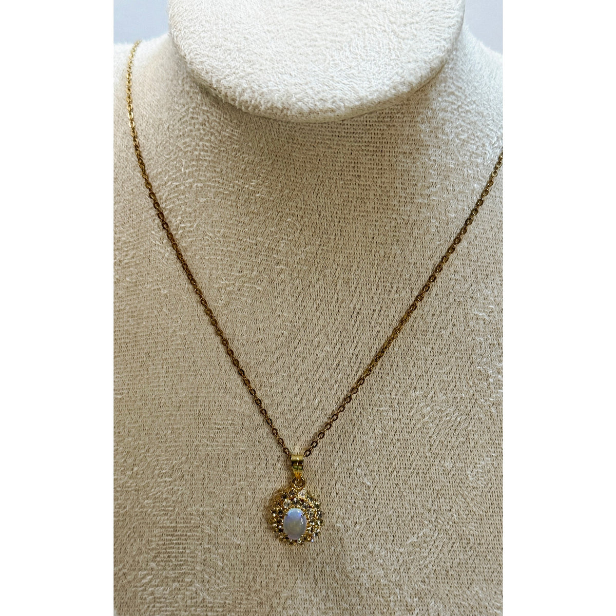 Vintage Style Opalite & Rhinestone Pendant Necklace Gold Tone 20" Chain