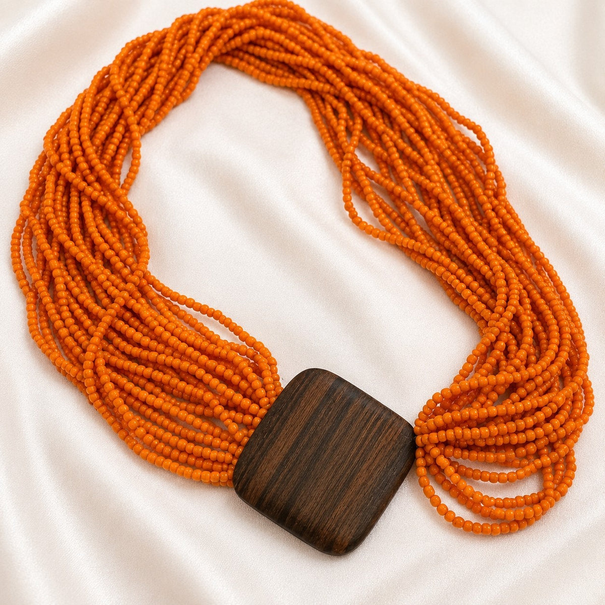 Orange Multi Strand Beaded Necklace Wood Accent 30 Inch Statement N644