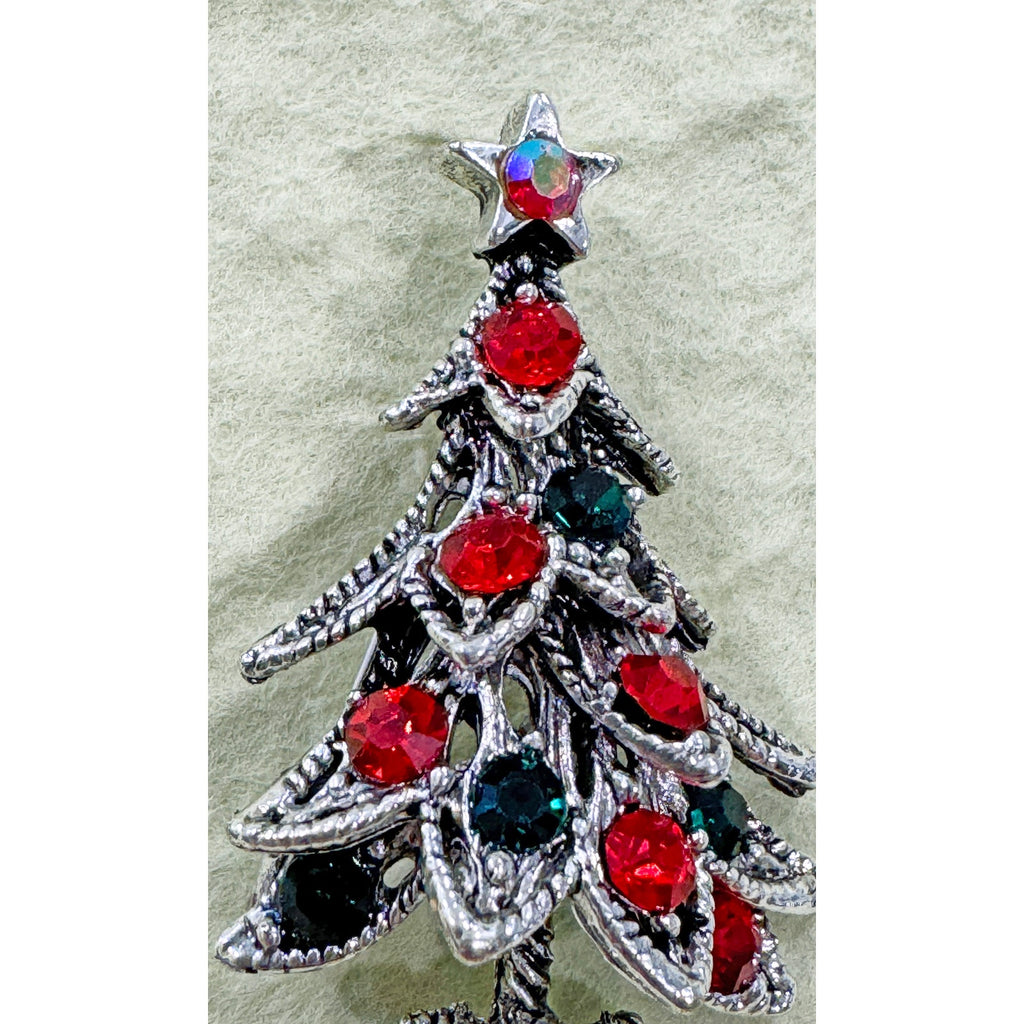 New Silver Tone Christmas Tree Brooch with Red and Green Rhinestones CP15