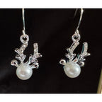 New 1.5” Reindeer Antler Rhinestone Pearl Dangle Earrings Silver Tone E114