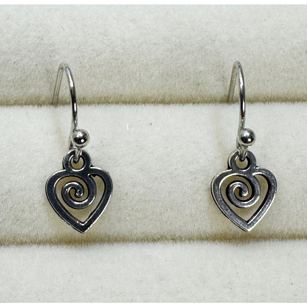 Tiny Silver Heart Dangle Hook Earrings Swirl Open Heart 3/4 Inch Minimalist E482