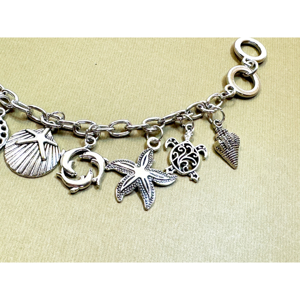 Silver Sea Life Charm Bracelet Turtle Seahorse Dolphin Shell 7-7.5 In B141