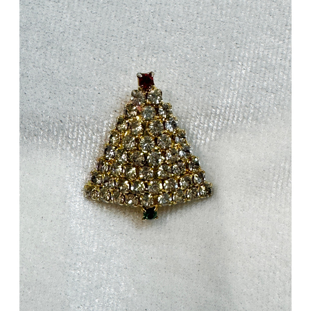 Vintage Clear Rhinestone Christmas Tree Brooch Pin Gold Tone Holiday Jewelry CP181