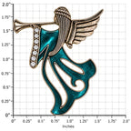 Vintage Teal Enamel Angel Trumpet Brooch Rhinestone Silver Holiday Pin CP171