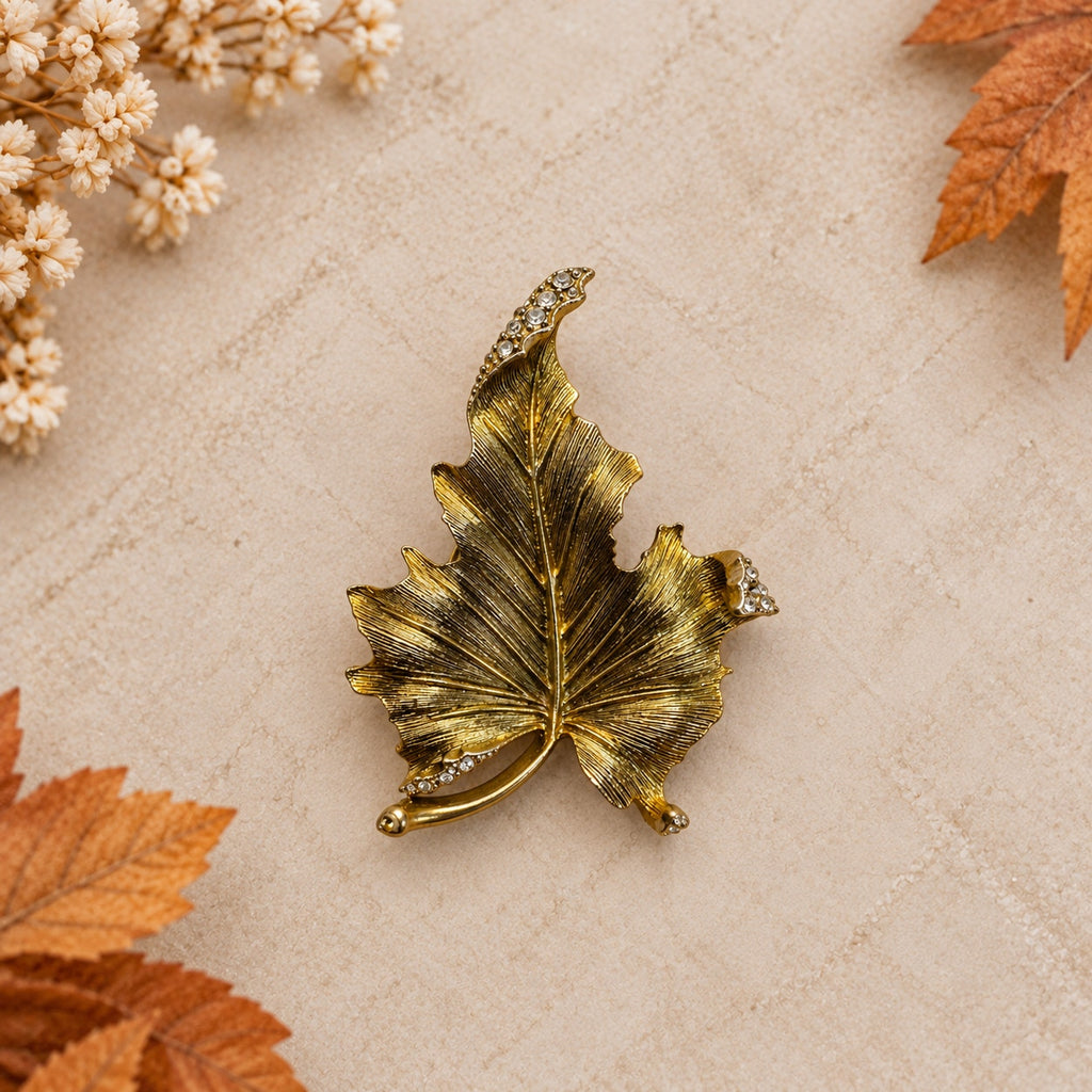 Gold Tone Maple Leaf Brooch Clear Rhinestone Vintage Style Fall Pin 2.75" CP212