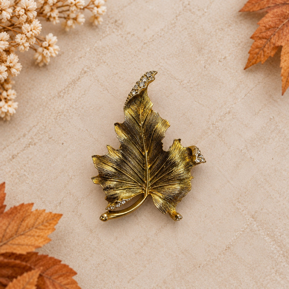 Gold Tone Maple Leaf Brooch Clear Rhinestone Vintage Style Fall Pin 2.75" CP212