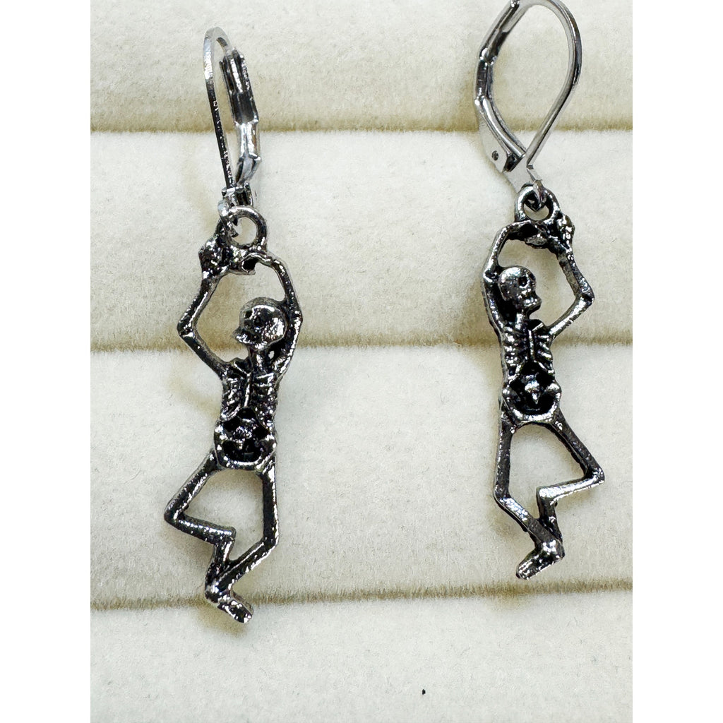 Halloween Skeleton Dangle Earrings Silver Tone Leverback Gothic Spooky 1.5" E491