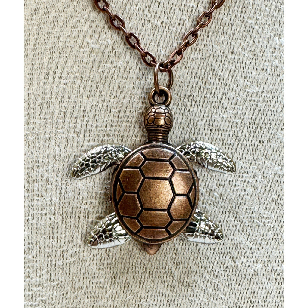Sea Turtle Necklace Turtle Pendant 22" Chain Silver & Copper Tone  New N467