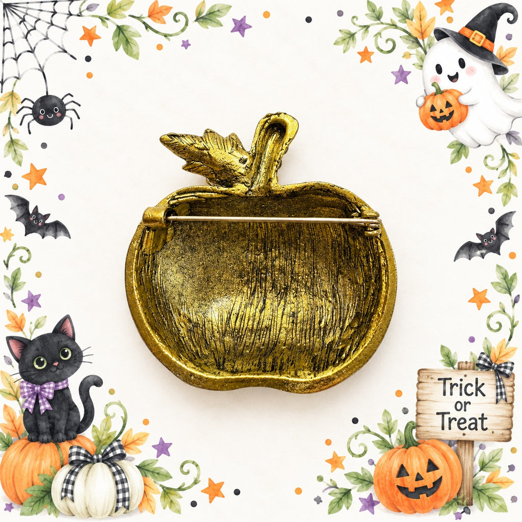 Halloween Jack O Lantern Brooch Orange Rhinestone Pumpkin Gold Tone Pin CP214