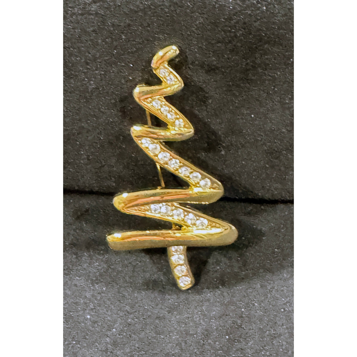 Gold Swirl Christmas Tree Brooch with Clear Rhinestones Holiday Jewelry CP62