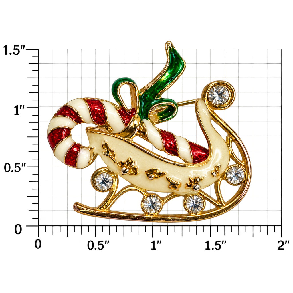 Vintage Gold Tone Christmas Sleigh Brooch Green Enamel Holiday Pin Jewelry CP257