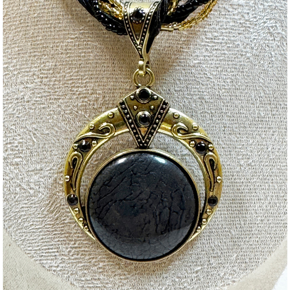 Black Stone Pendant Necklace Multi Strand Beaded Cord 16-18" Boho N365