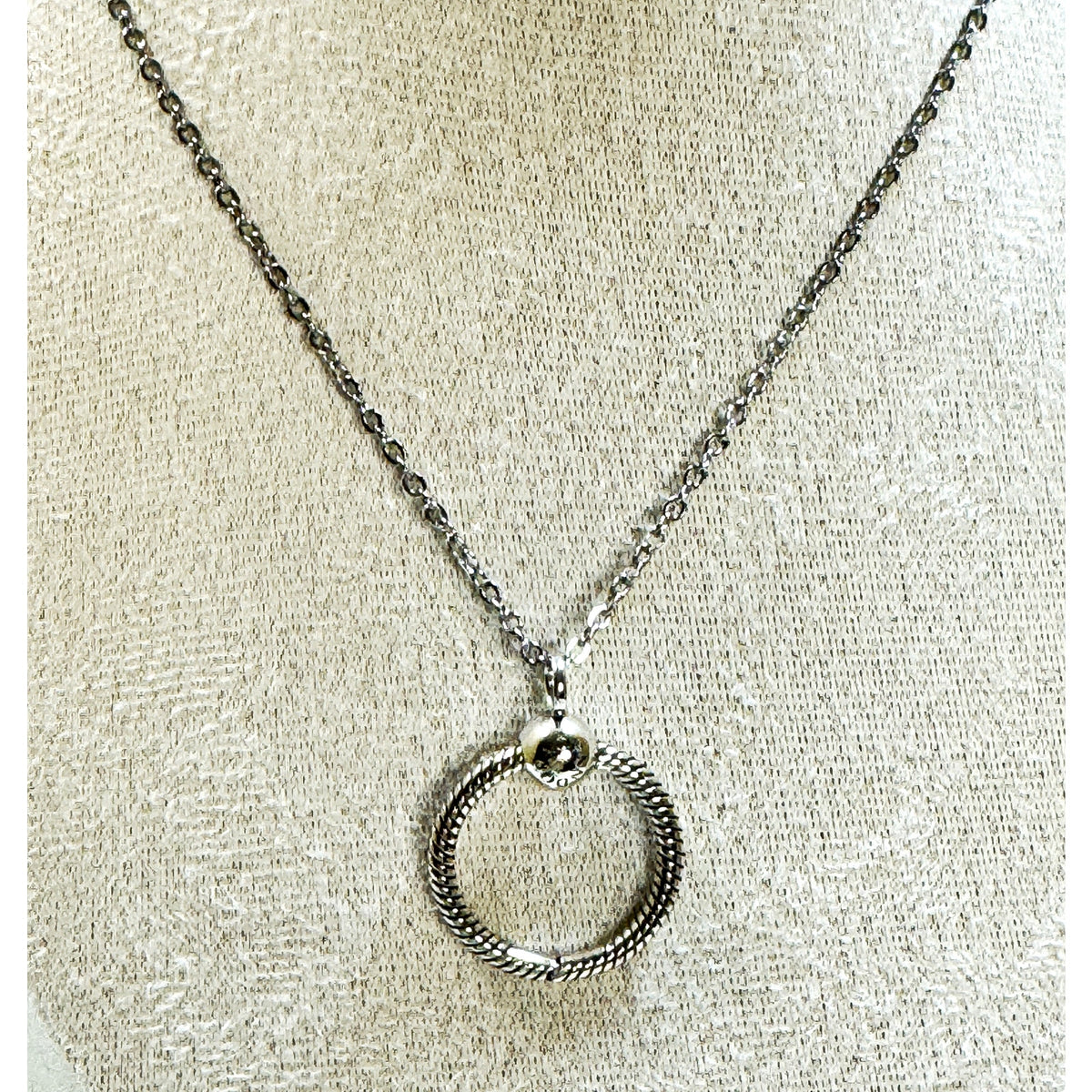 Silver Tone Circle Pendant Necklace Open Hoop Pendant Minimalist Pre-Loved N460