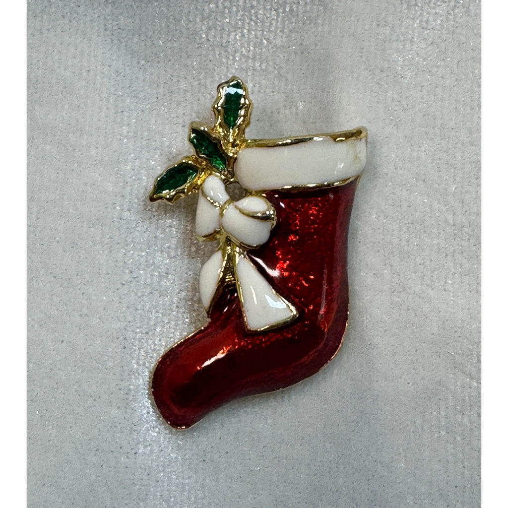 Vintage Enamel Christmas Stocking Brooch Pin Holiday Jewelry 1.75" CP166