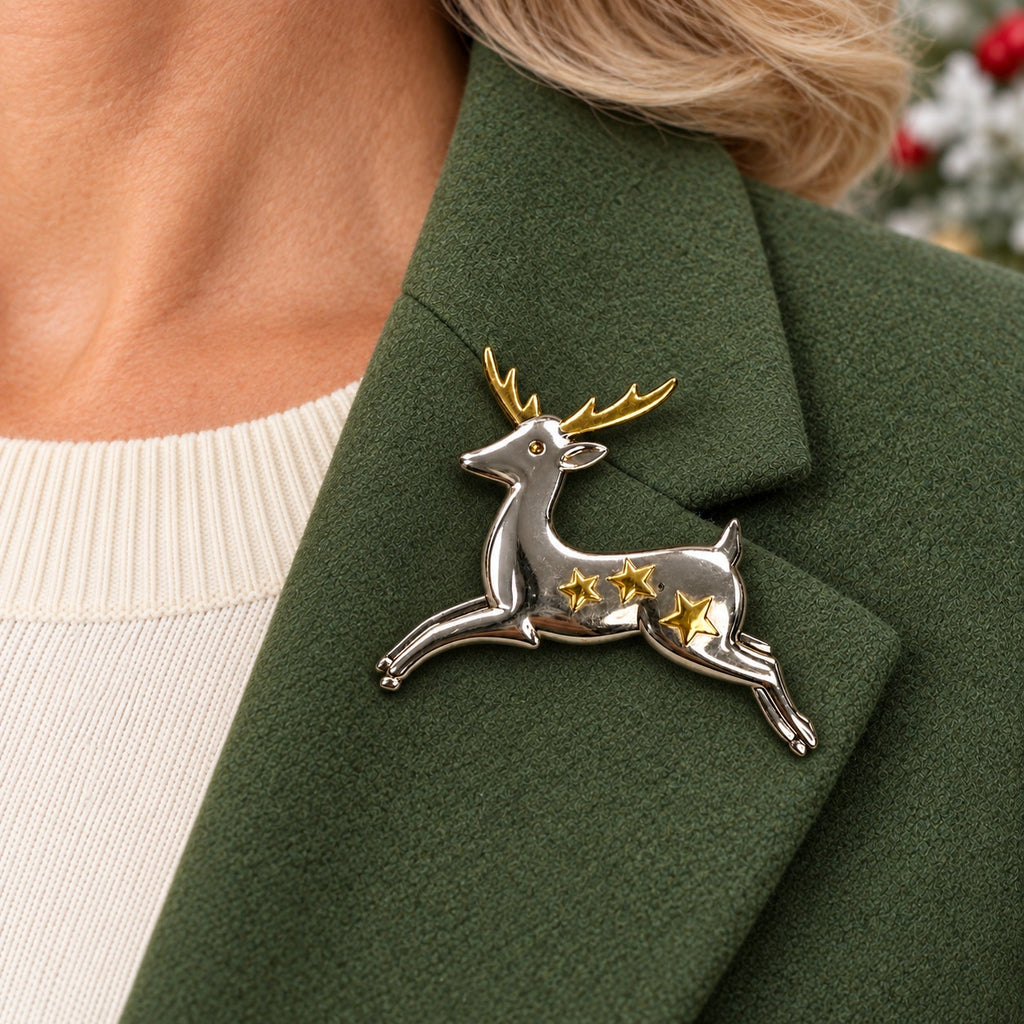 Vintage Hallmark HMK CDS Reindeer Brooch Silver Gold Tone Christmas Pin CP266
