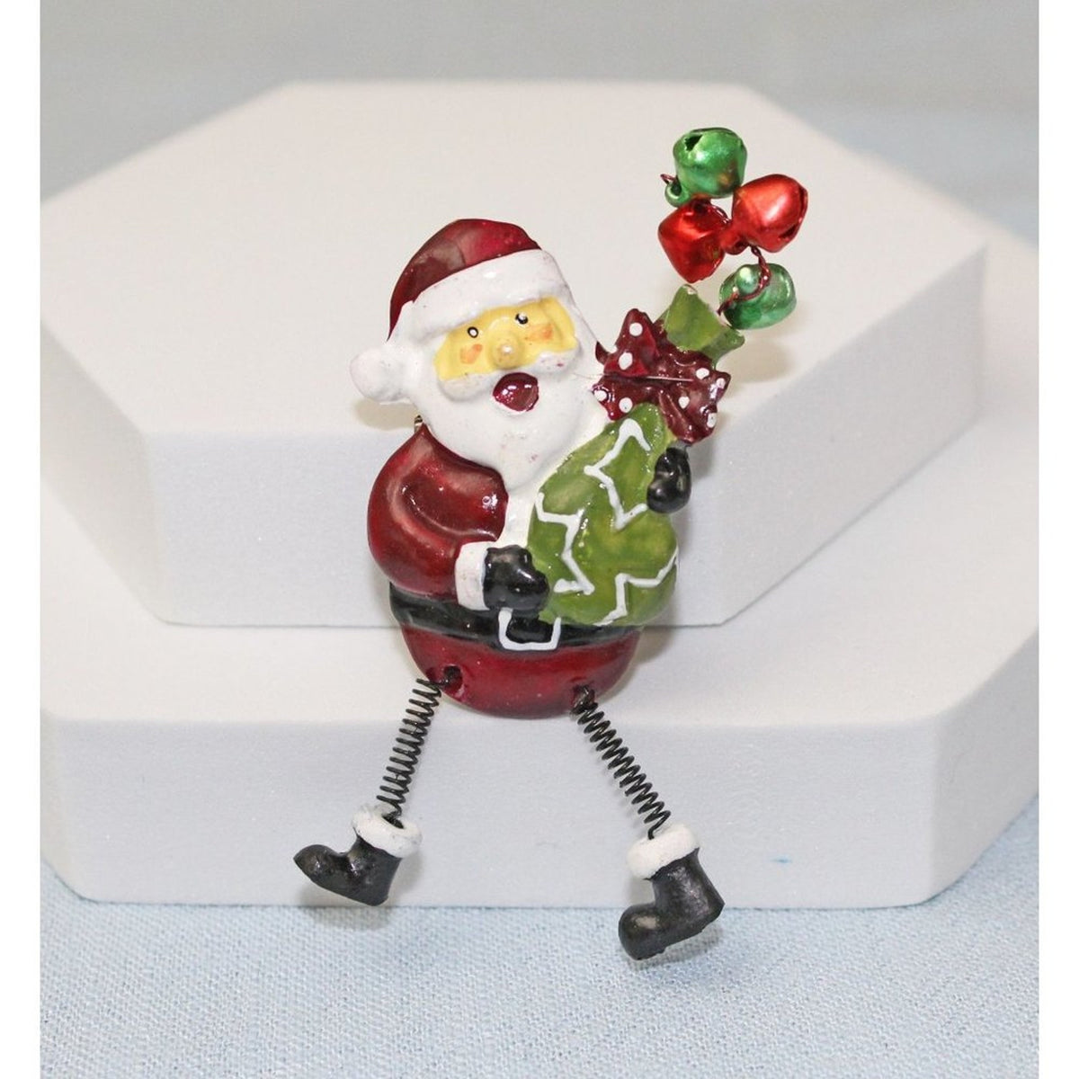 Very Cute Santa Clause Pin Brooch with Wiggly Legs and Jingle Bells CP94