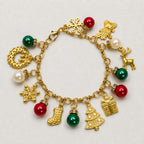Gold Tone Christmas Charm Bracelet Holiday Tree Gift Wreath 7.25"  B073
