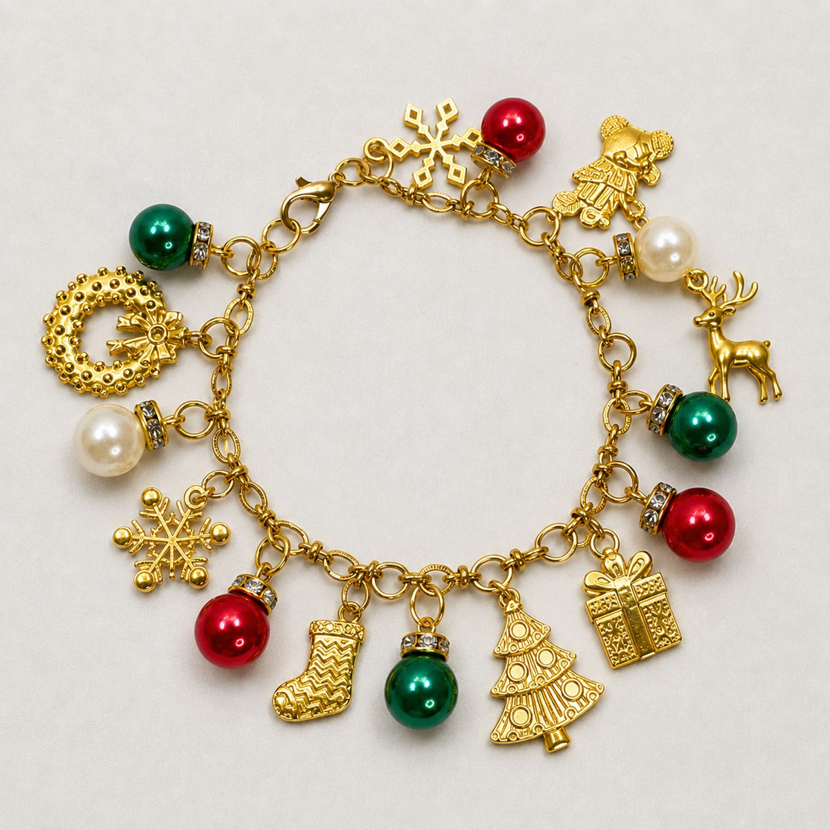 Gold Tone Christmas Charm Bracelet Holiday Tree Gift Wreath 7.25"  B073