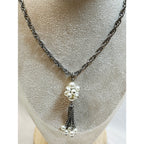 Vintage Faux Pearl Tassel Necklace Silver Tone 22" Chain Statement  N142