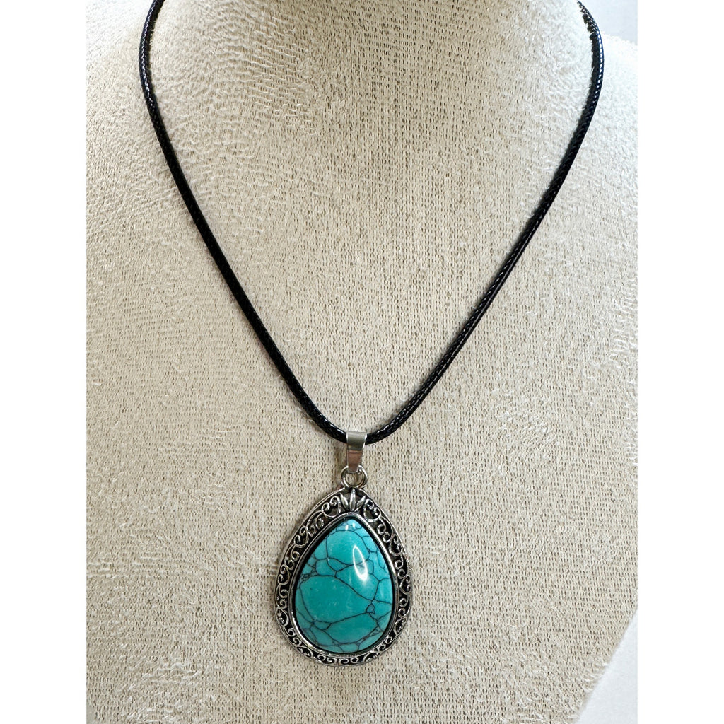 Faux Turquoise Teardrop Pendant Necklace 24 Inch Black Cord Southwestern N523