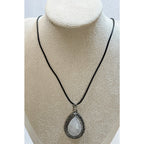 White Teardrop Stone Pendant Necklace Silver Tone Black Cord Boho New  N386