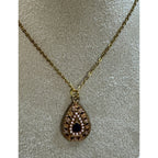 Vintage Gold Tone Teardrop Pendant Necklace Faux Pearl & Black Accent N470
