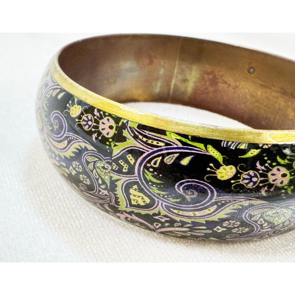 Vintage Floral Paisley Brass Bangle Bracelet 1" Wide Boho Cottagecore B123