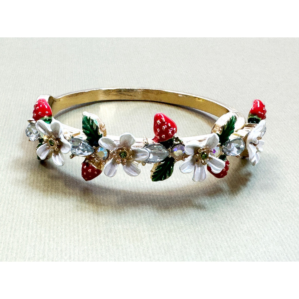Gold Tone Strawberry & Daisy Hinged Bangle Bracelet Rhinestone Floral B145