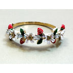 Gold Tone Strawberry & Daisy Hinged Bangle Bracelet Rhinestone Floral B145