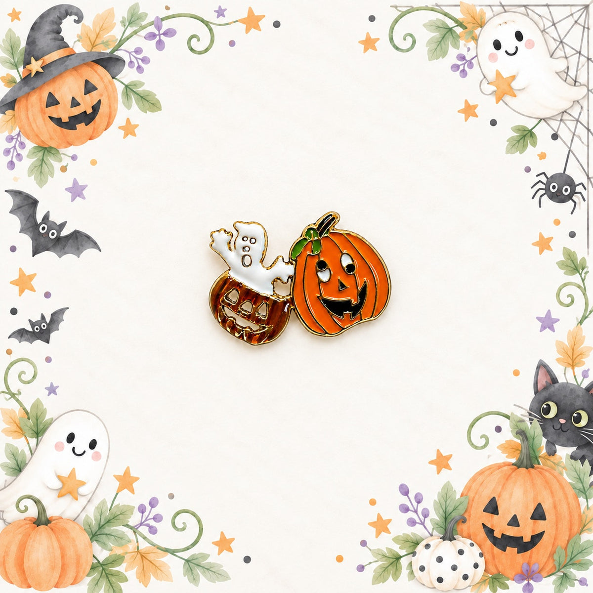 Halloween Pumpkin Ghost Brooch Orange Enamel Gold Tone Jack O Lantern Pin CP224