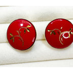 Vintage Red Enamel Gold Leaf Clip On Earrings Round 3/4" Retro Costume E605