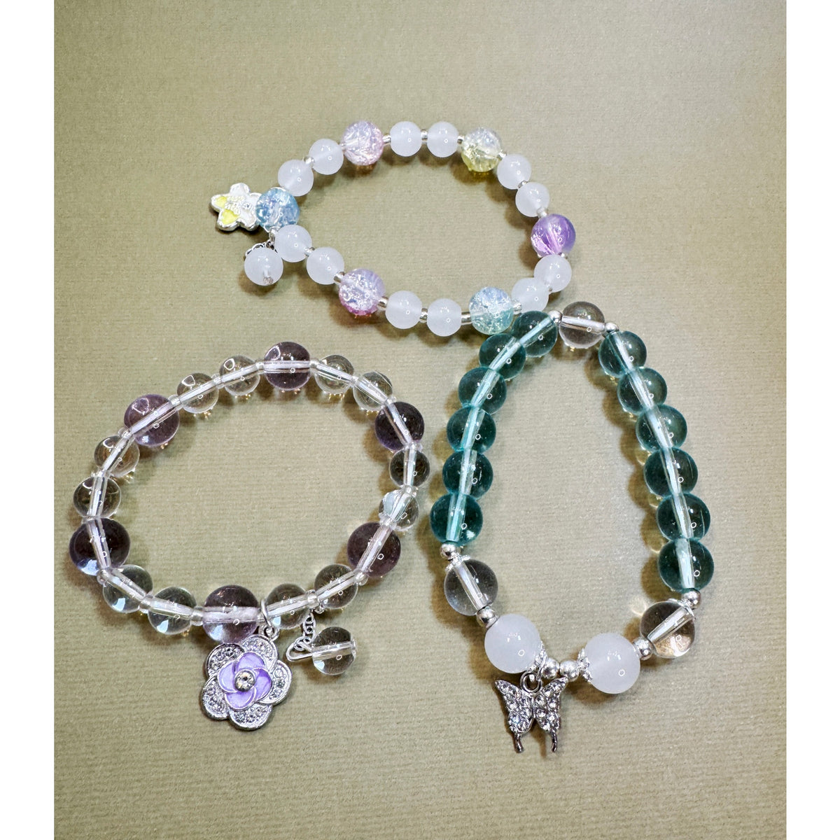 Set of 3 Stretch Bead Bracelets Butterfly Flower Star Charm Stack B120