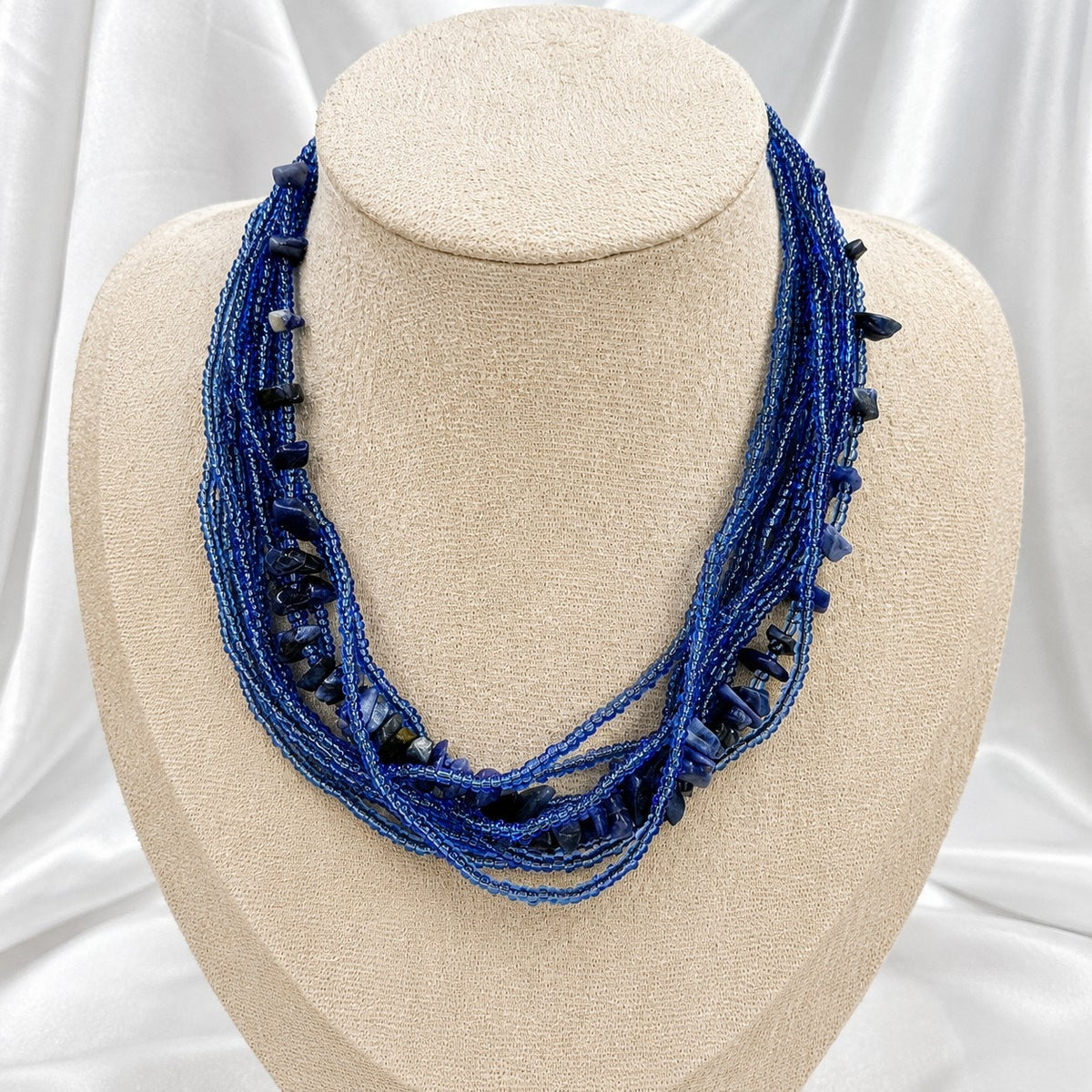 Cobalt Blue Multistrand Necklace Stone Chip Accents 15–18 Inch N632