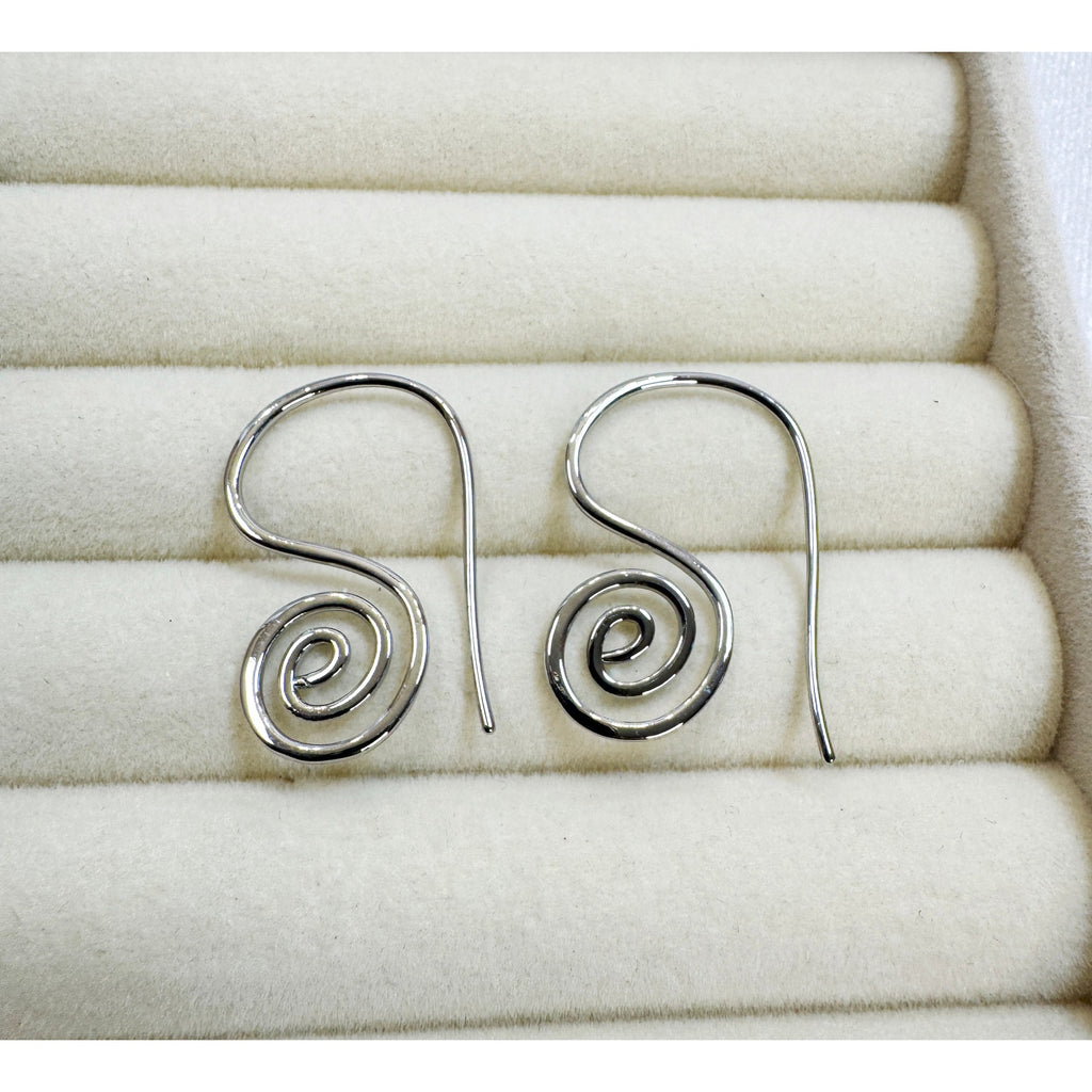 Silver Spiral Swirl Drop Earrings Modern Minimalist Hook 1.25" E803