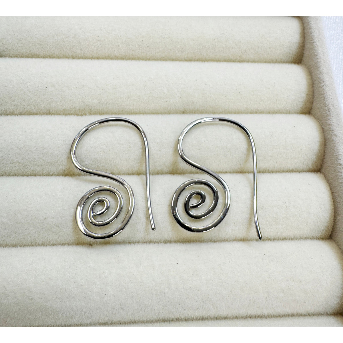 Silver Spiral Swirl Drop Earrings Modern Minimalist Hook 1.25" E803